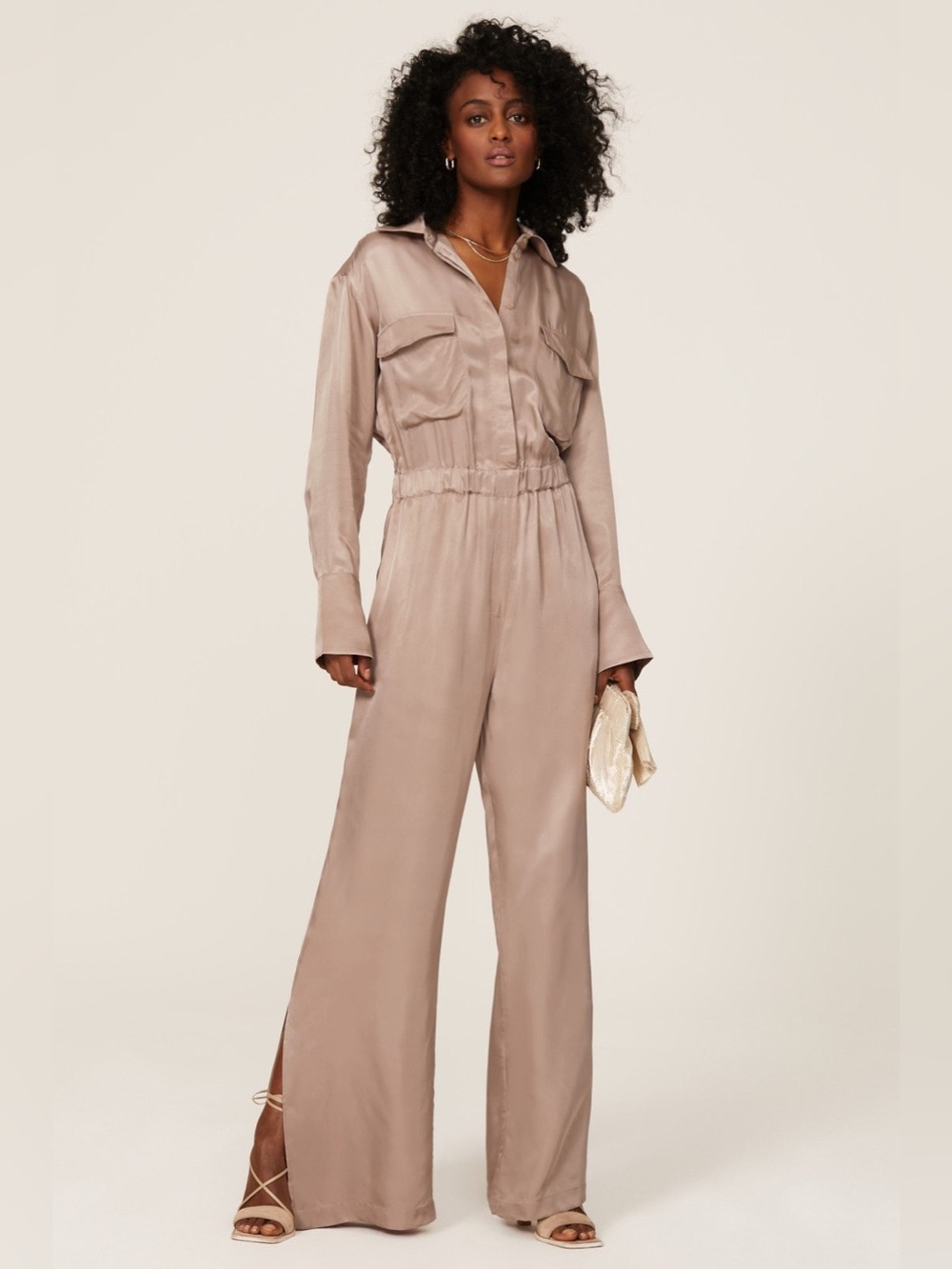 Emma Jumpsuit by Nicholas : Taupe Satin Utility Jumpsuit
